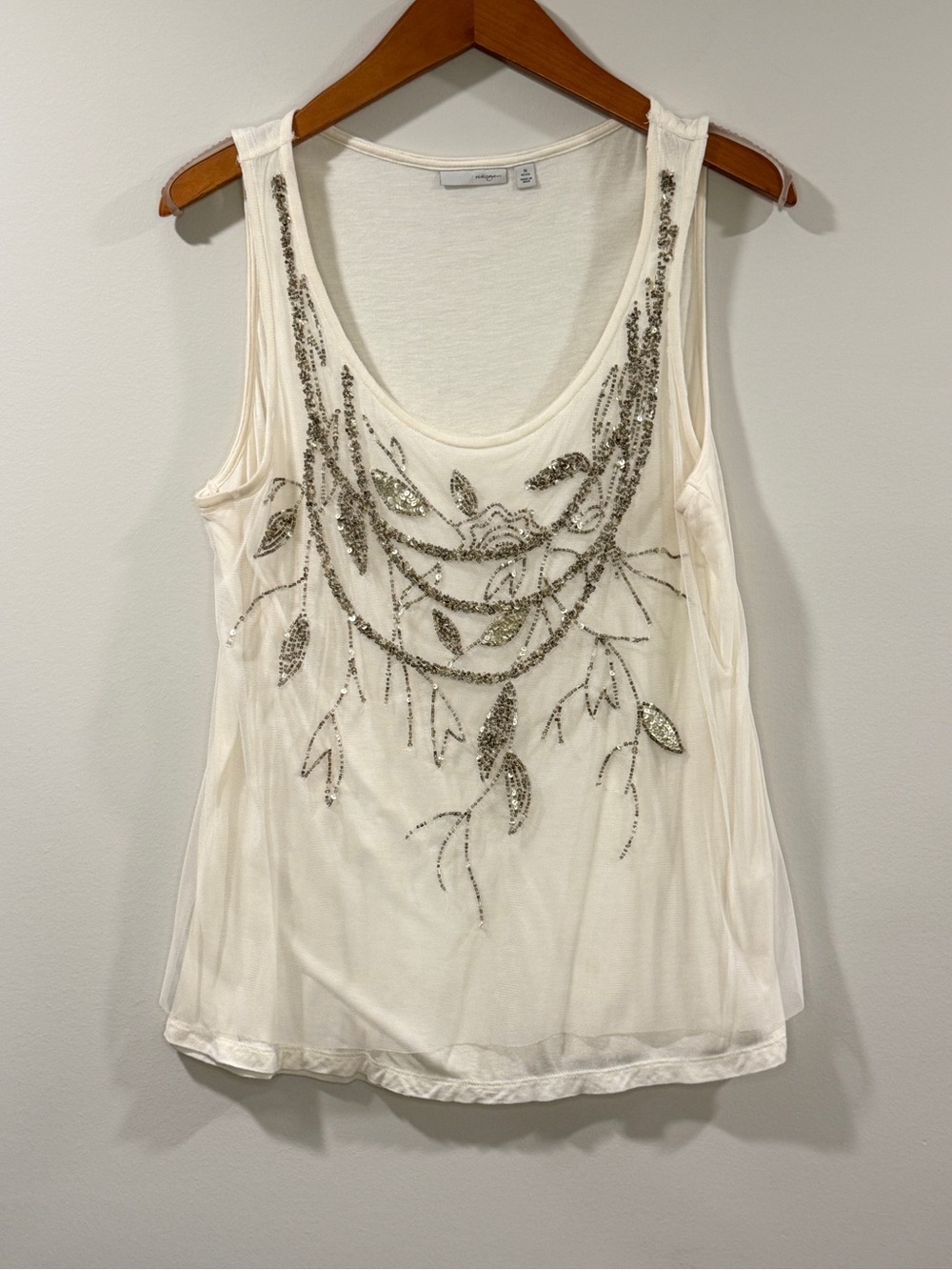 Halogen Women’s Cream Beaded Scoop Neck Tank Top with Tulle Overlay Size M